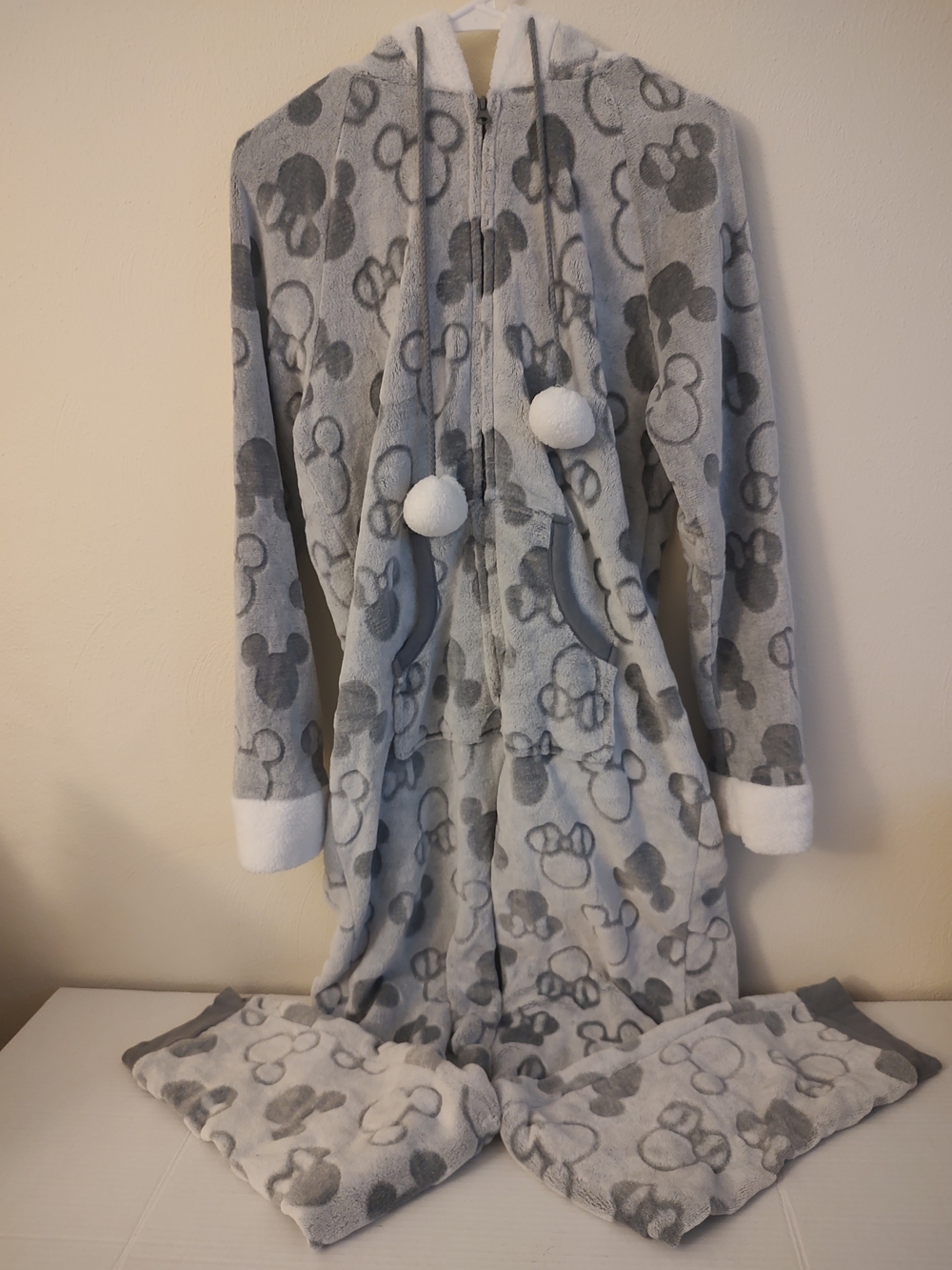 Disney Gray Plush Hooded Onesie with Pom-Pom Ties